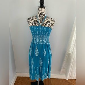 Silky Stretchy Strapless Vibrant Blue & White Sundress w/ adjustable neck strap